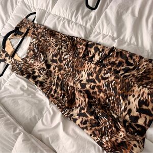 Arden B Satin Dress with Gold and Brown Animal Print
